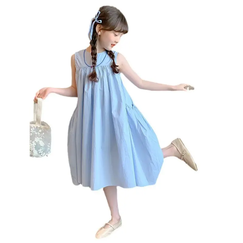 Summer Junior Girl Sleeveless Dress Solid Side Big Pockets Pure Cotton Dress For 2-10Y Girls Casual Round Collar Baby Girl Dress