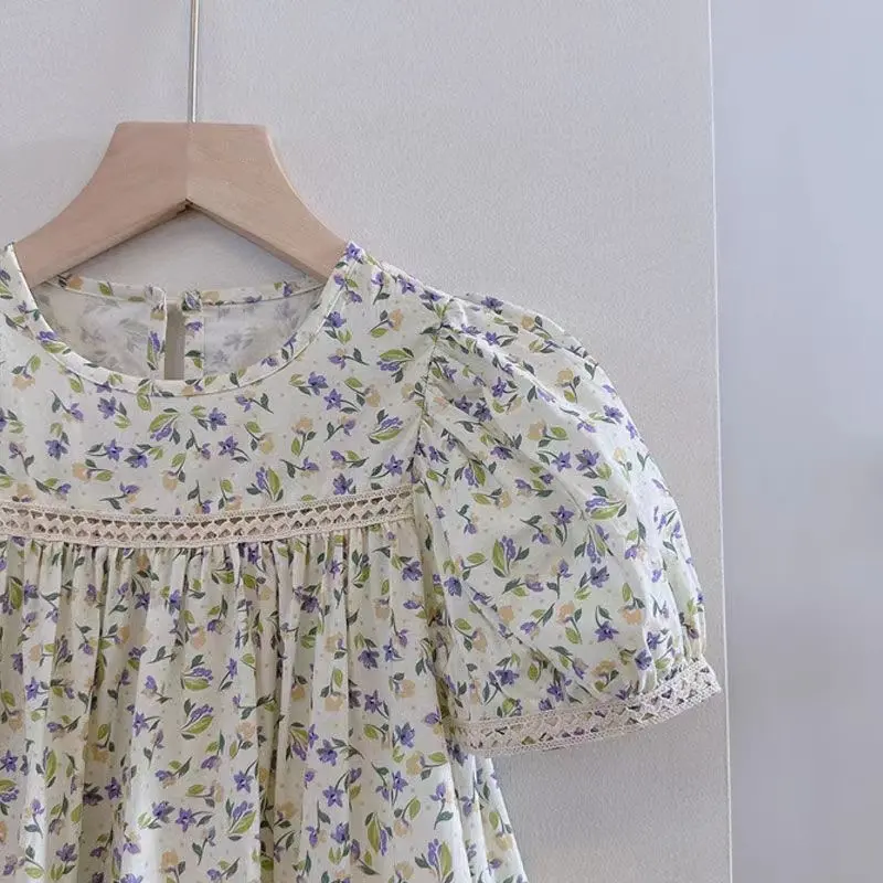 Retro Printed Princess Dress For 4-14Yrs Teenager Girls 2025 New Summer Children Clothes Short Sleeve Lace Loose Elegant Dress