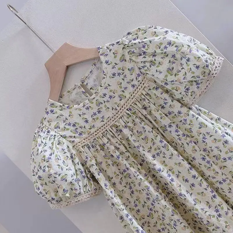Retro Printed Princess Dress For 4-14Yrs Teenager Girls 2025 New Summer Children Clothes Short Sleeve Lace Loose Elegant Dress