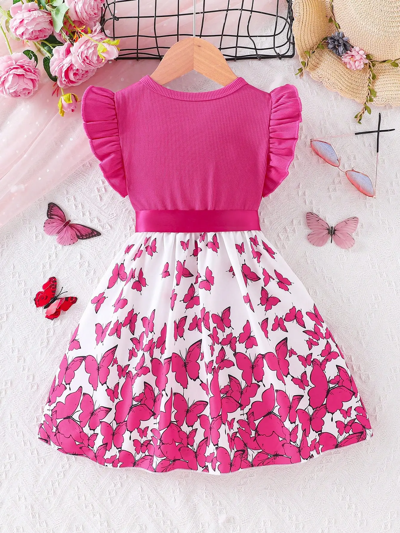 Girls' Butterfly Print Spliced Solid Color Groove No-sleeve Earlobe Sleeve Hem Dress  For Summer
