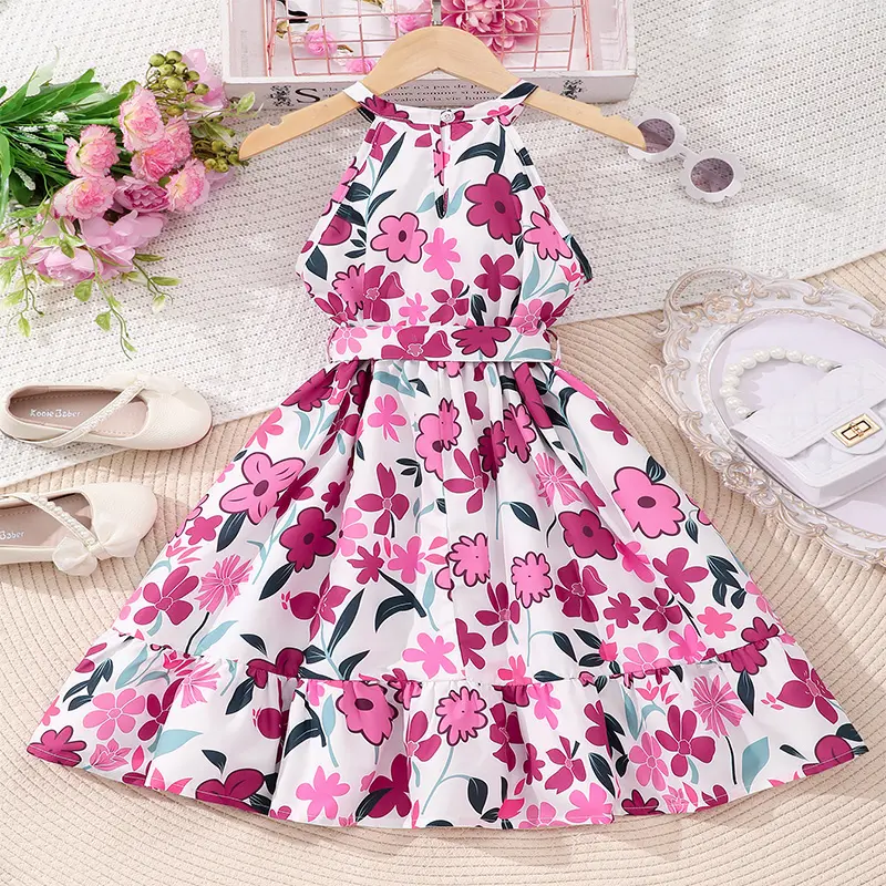 Summer Girls Cute Cool Breathable Flower Print Belt Decoration Sleeveless Pink Dress Princess Daily Leisure Birthday Party Dress