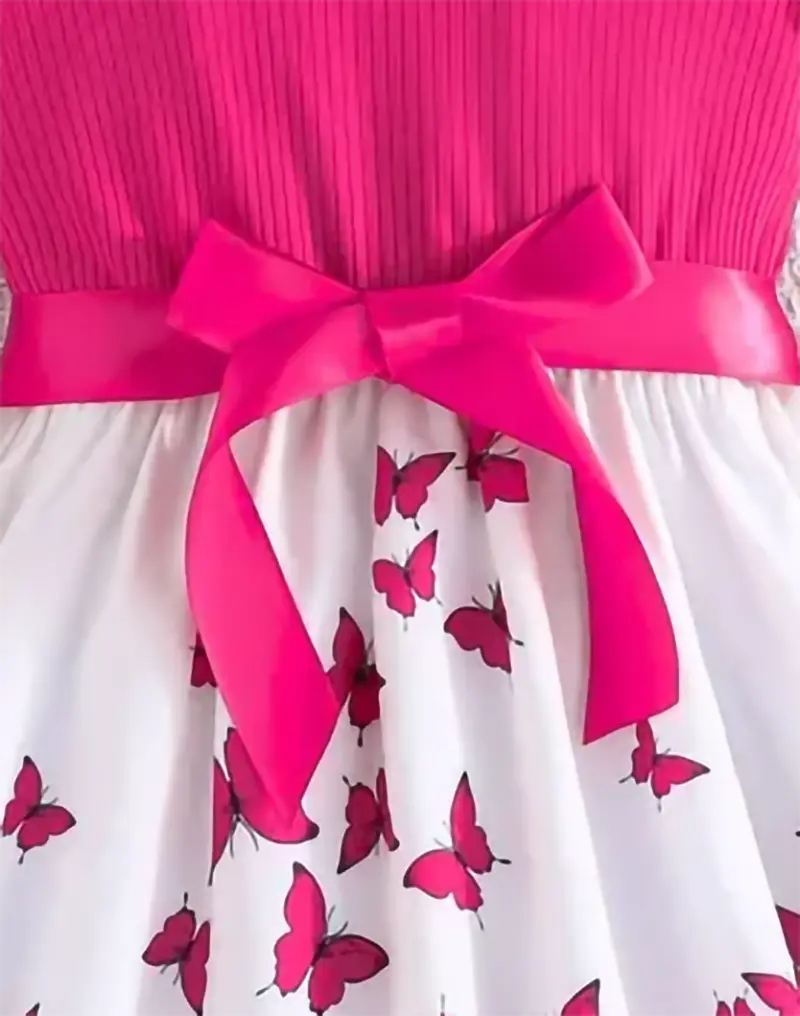 Cute Pink Lace Cuff Butterfly Pattern Dress, Detachable Belt, Add A Sense Of Fashion