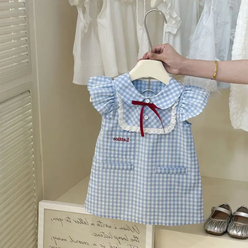 2024 New Baby Girl Checkered Dress Summer Korean Style Cotton Princess Outfit Casual Party Wear