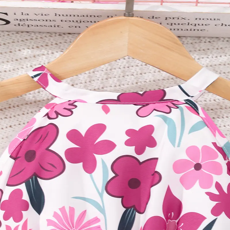Summer Girls Cute Cool Breathable Flower Print Belt Decoration Sleeveless Pink Dress Princess Daily Leisure Birthday Party Dress