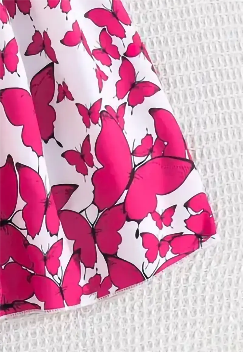 Cute Pink Lace Cuff Butterfly Pattern Dress, Detachable Belt, Add A Sense Of Fashion