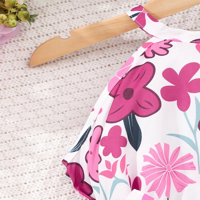 Summer Girls Cute Cool Breathable Flower Print Belt Decoration Sleeveless Pink Dress Princess Daily Leisure Birthday Party Dress