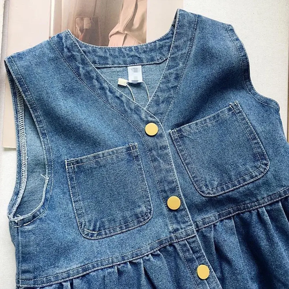 2-7-year-old Blue Korean Version Casual Girls' Clothes V-neck Single Breasted Pocket Sleeveless Denim Dress Summer New Style