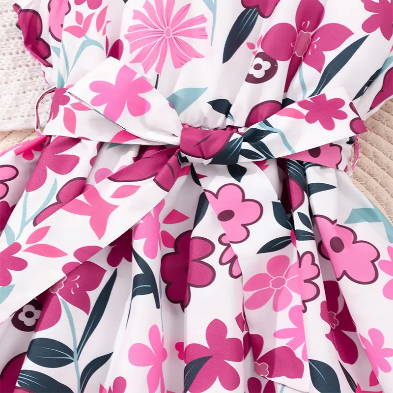 Summer Girls Cute Cool Breathable Flower Print Belt Decoration Sleeveless Pink Dress Princess Daily Leisure Birthday Party Dress