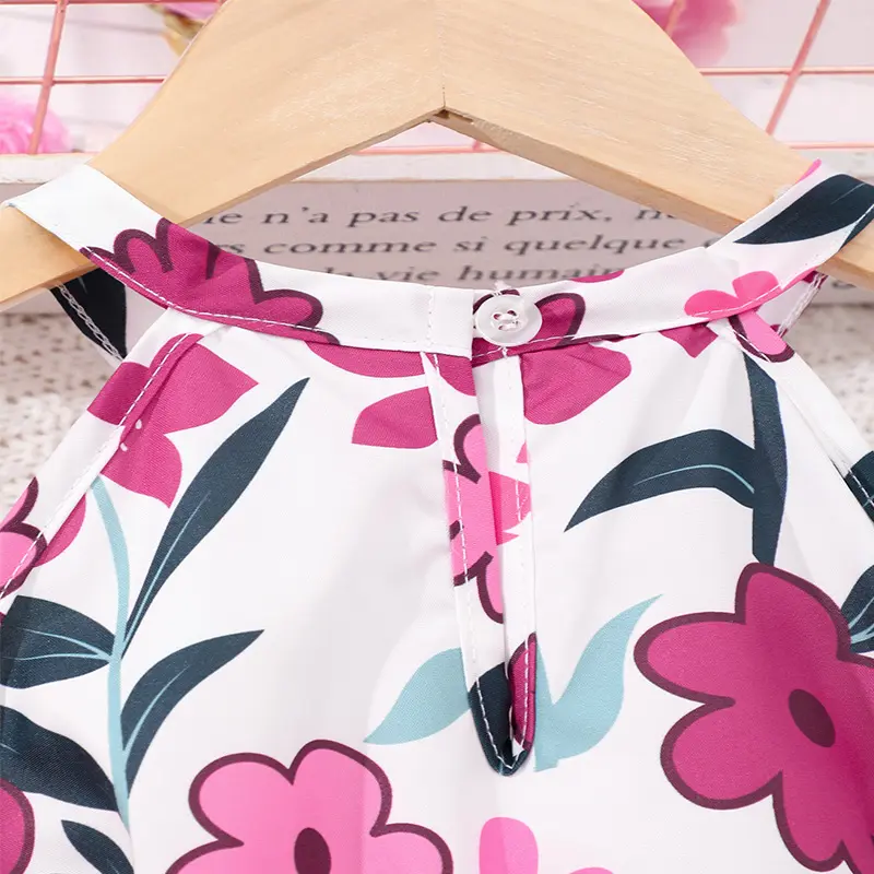 Summer Girls Cute Cool Breathable Flower Print Belt Decoration Sleeveless Pink Dress Princess Daily Leisure Birthday Party Dress