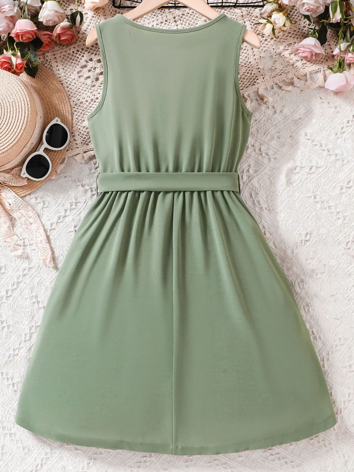 Children's summer lace collar sleeveless army green dress sweet and lovely princess dress