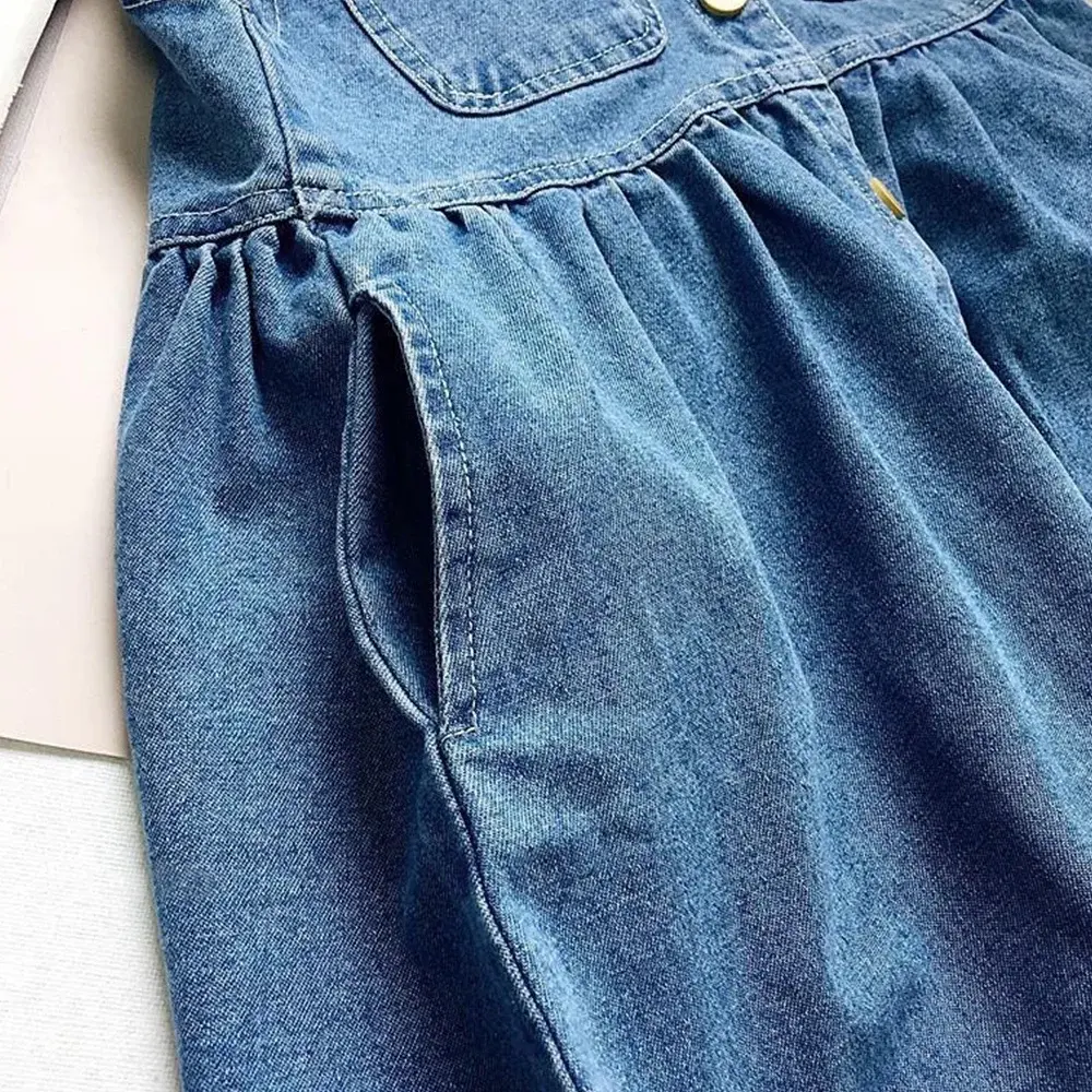 2-7-year-old Blue Korean Version Casual Girls' Clothes V-neck Single Breasted Pocket Sleeveless Denim Dress Summer New Style
