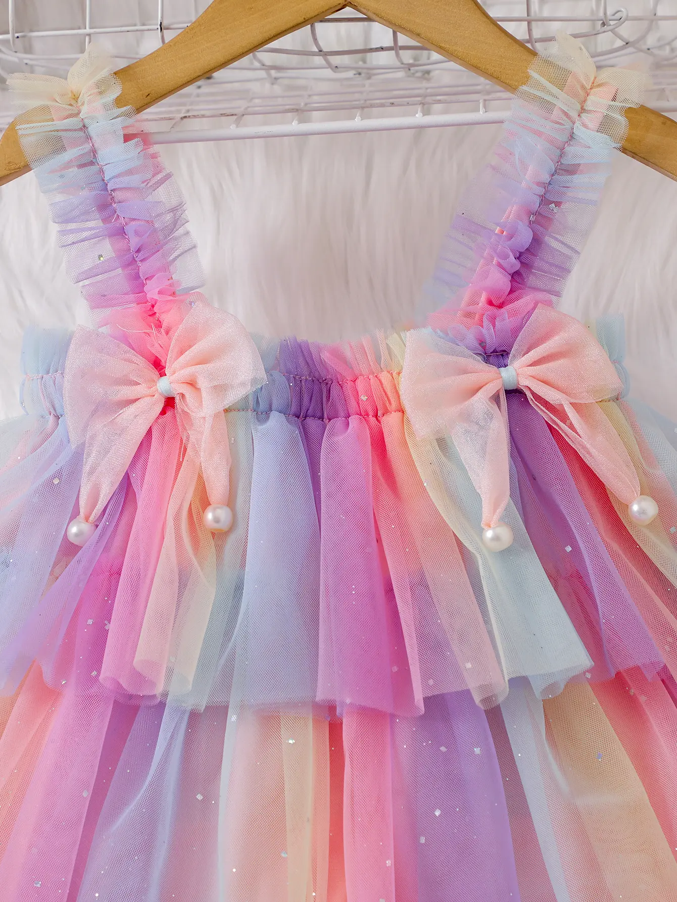 Girls summer gradient sequin mesh halter multilayer pompadour cake group bow embellished dress
