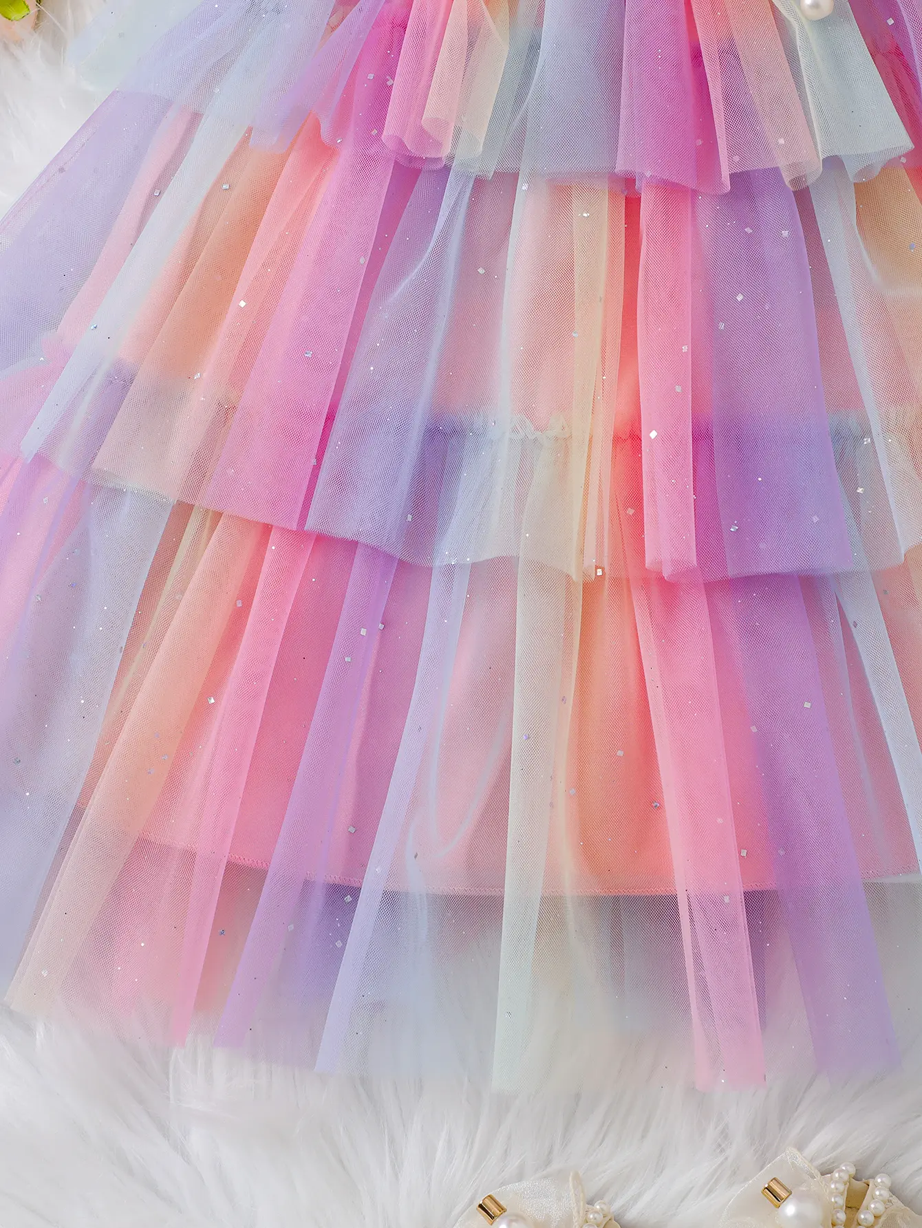 Girls summer gradient sequin mesh halter multilayer pompadour cake group bow embellished dress