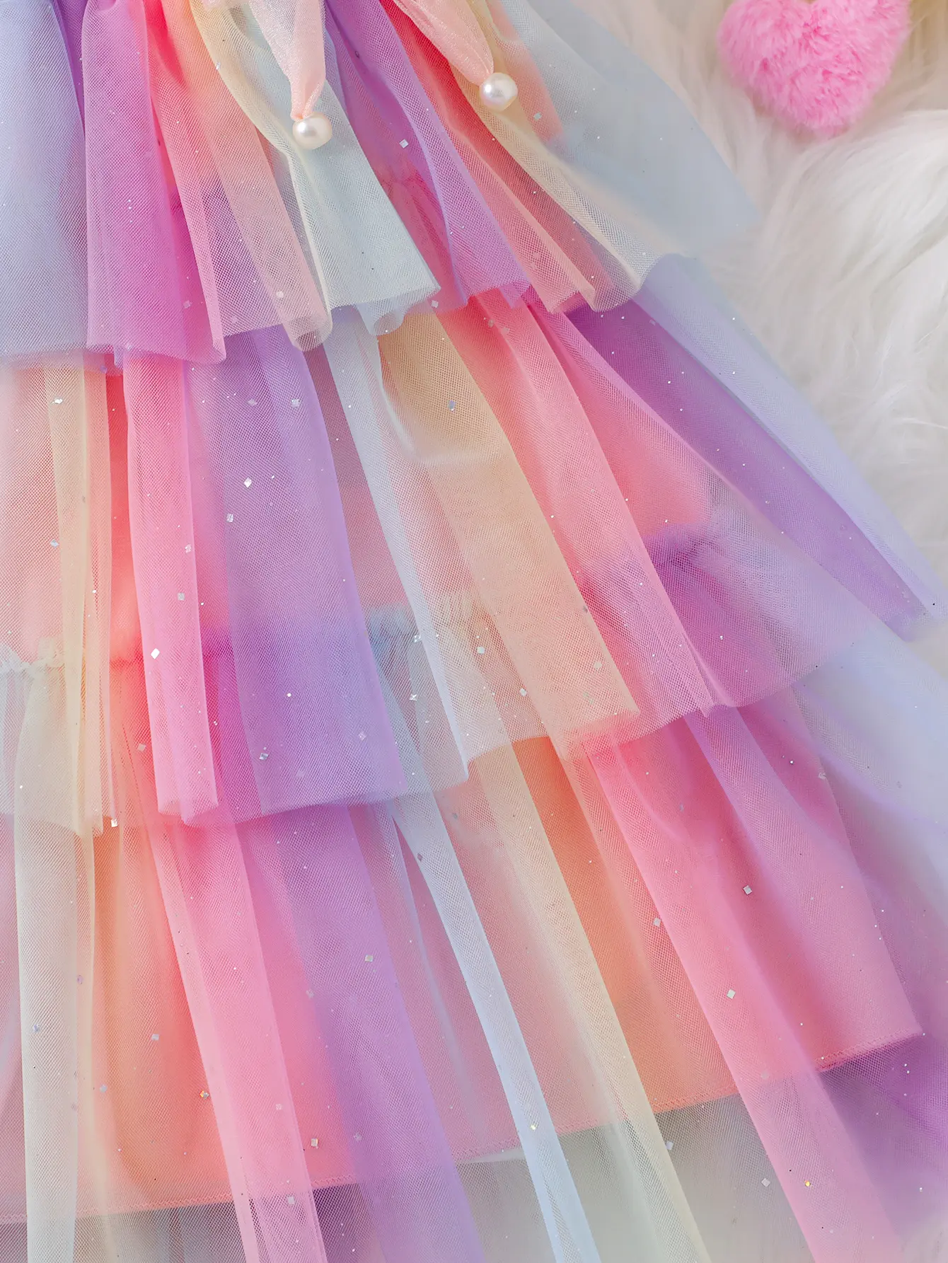 Girls summer gradient sequin mesh halter multilayer pompadour cake group bow embellished dress