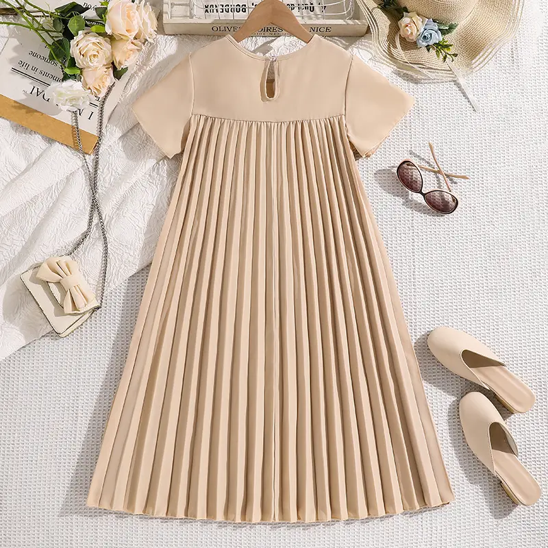 Girls Dress Beige Short Sleeve Pleated Smock Dress Children Costume Summer Daily Casual Clothes Kids Gown