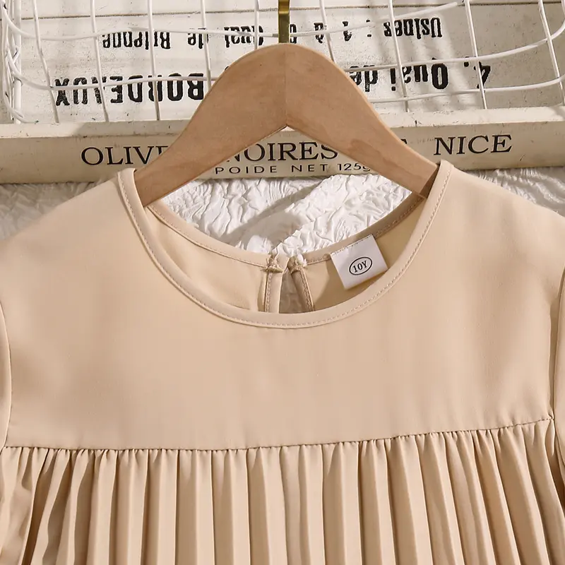 Girls Dress Beige Short Sleeve Pleated Smock Dress Children Costume Summer Daily Casual Clothes Kids Gown