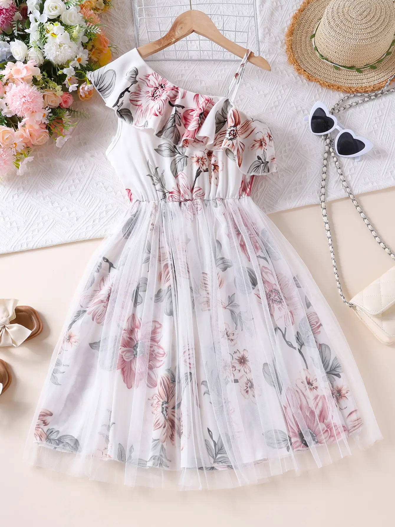 Girls Dresses Summer Tween Girl Tulle Dress Sling Ruffled Floral Print Princess Tutu Dresses