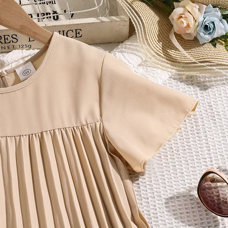 Girls Dress Beige Short Sleeve Pleated Smock Dress Children Costume Summer Daily Casual Clothes Kids Gown