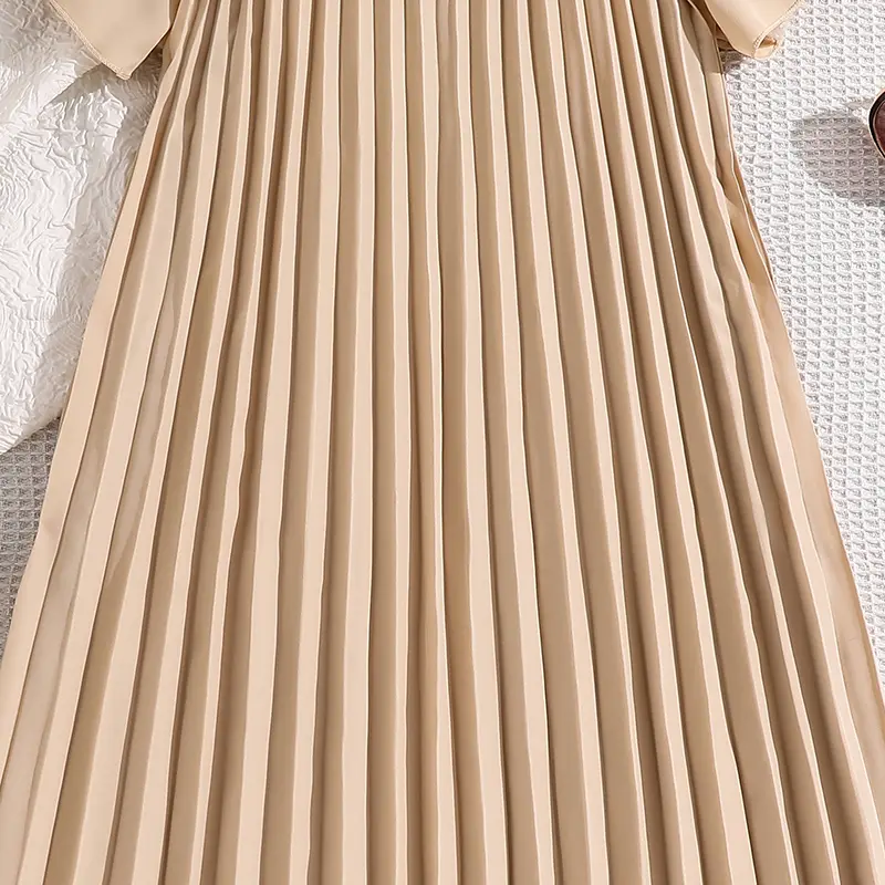 Girls Dress Beige Short Sleeve Pleated Smock Dress Children Costume Summer Daily Casual Clothes Kids Gown