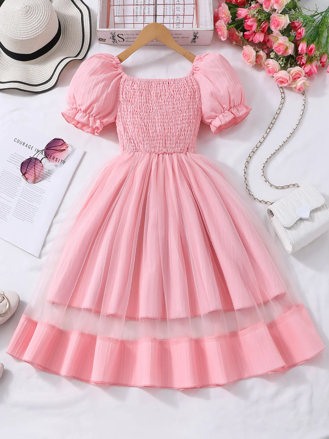 Summer Girl Dress for Older Girls, Pink Puff Sleeves, Cute Princess Dress, Casual Mid-Length Children's Dress