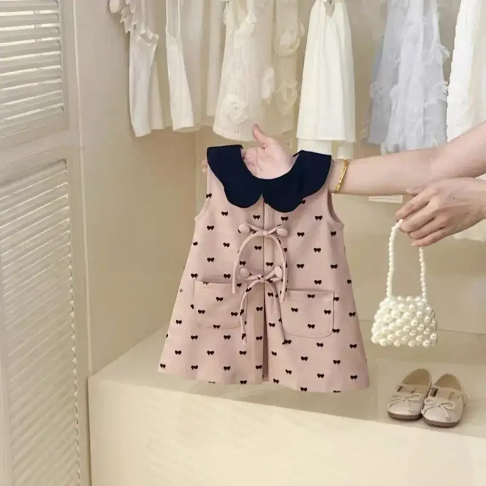 Summer New Girls Fashion Sweet Sleeveless Turn-down Collar Bow Print Princess Dress 1 Pc 2-6 Years Children Party Cute Clothing