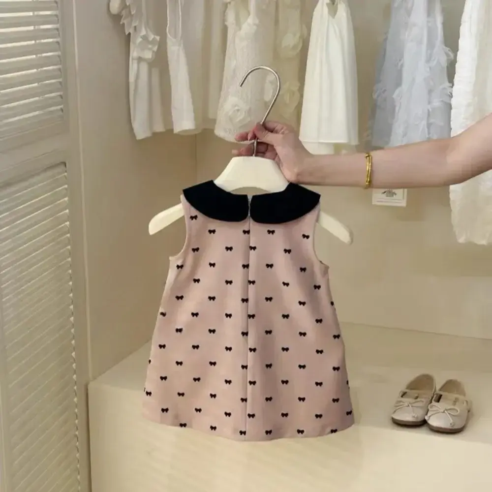 Summer New Girls Fashion Sweet Sleeveless Turn-down Collar Bow Print Princess Dress 1 Pc 2-6 Years Children Party Cute Clothing