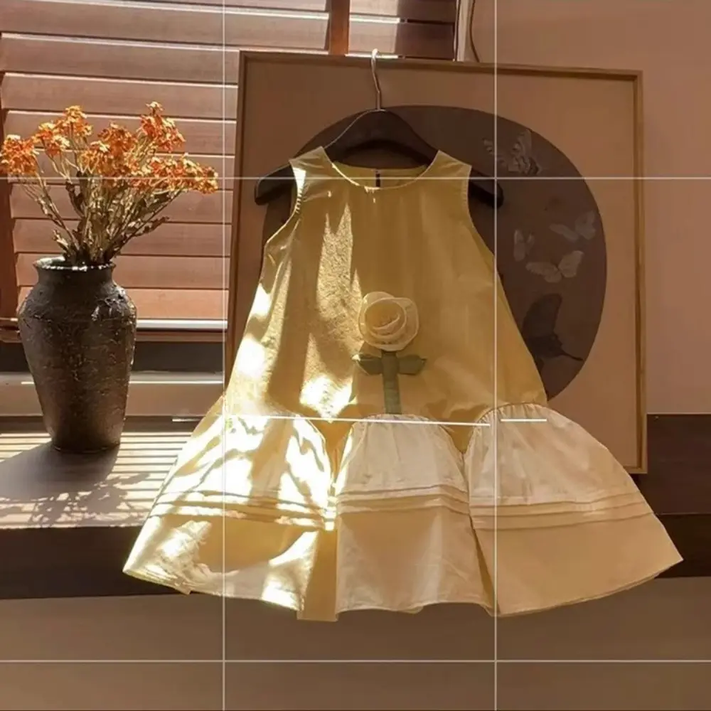 Girls Summer Fashion Sweet Patchwork Clothes Sleeveless Flower Applique A-Line Dress 1 Pc 2-7 Years Kids Casual Wear