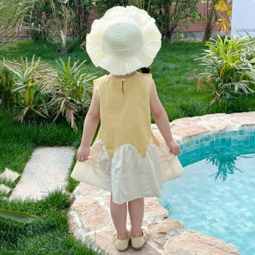 Girls Summer Fashion Sweet Patchwork Clothes Sleeveless Flower Applique A-Line Dress 1 Pc 2-7 Years Kids Casual Wear