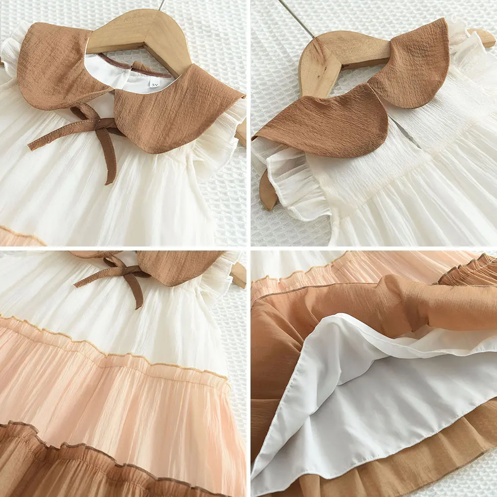 Girls Summer Fashion Patchwork Clothing Sleeveless Turn-down Collar A-Line Princess Dress 1 Pc 2-6 Years Kids Daily Casual Wear