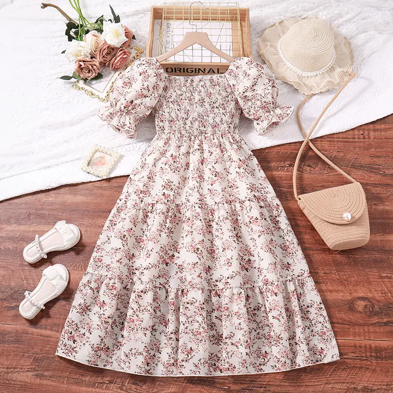 New Summer Children's Beige Short Sleeve Printed Long Summer Floral Girl Dress Loose Comfortable Pastoral Style Vacation Dress