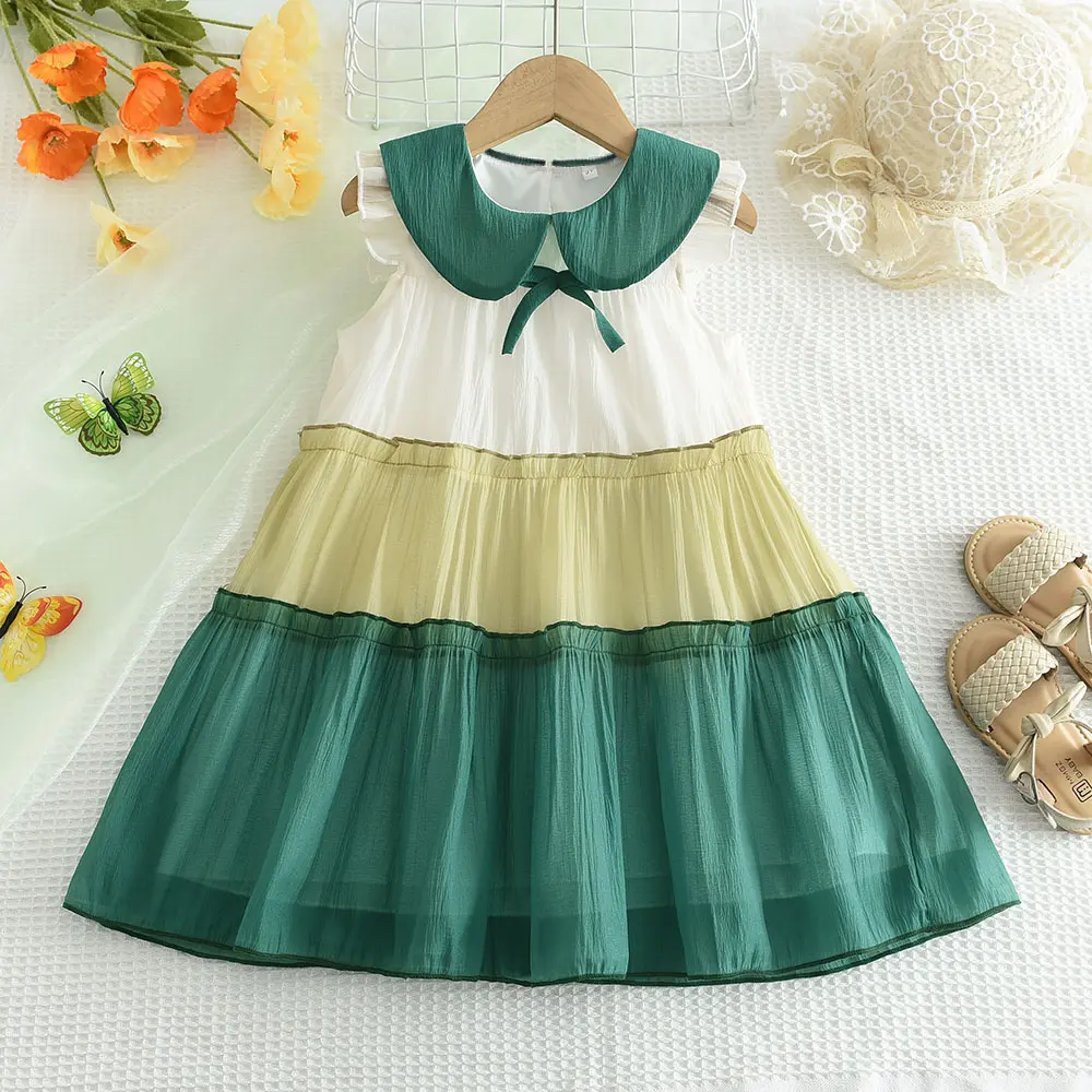 Girls Summer Fashion Patchwork Clothing Sleeveless Turn-down Collar A-Line Princess Dress 1 Pc 2-6 Years Kids Daily Casual Wear
