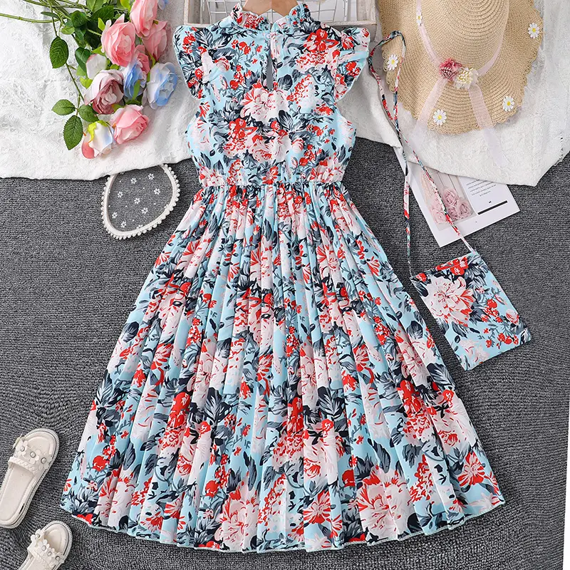 2024 New Blue Print Fly-Sleeve Pleated Dress Floral Girl Dress Holiday Comfortable Daily Casual Vacation Pastoral Style Dress
