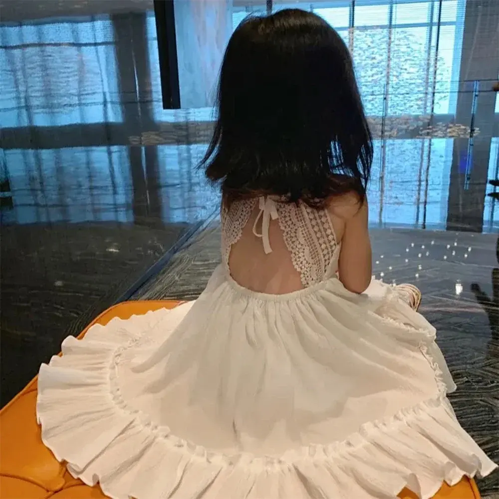Summer Kids Party Fashion Sweet Sleeveless Backless Suspender Princess Dress 1 Pc 2-8 Years Girls Casual Vacation Clothing