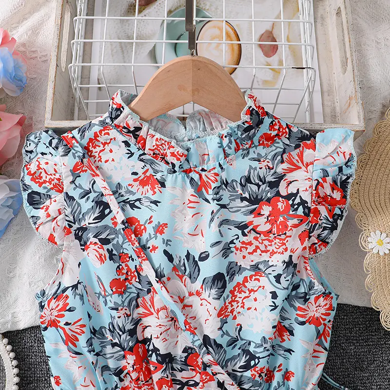 2024 New Blue Print Fly-Sleeve Pleated Dress Floral Girl Dress Holiday Comfortable Daily Casual Vacation Pastoral Style Dress