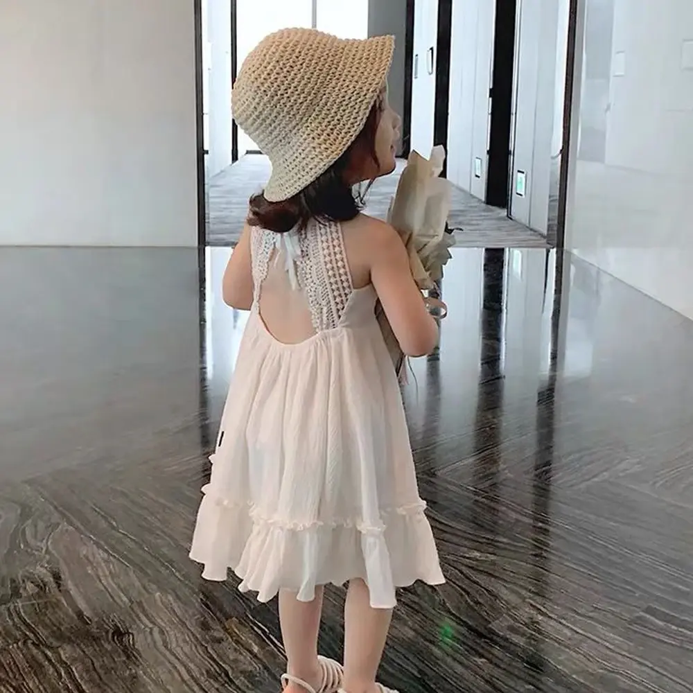 Summer Kids Party Fashion Sweet Sleeveless Backless Suspender Princess Dress 1 Pc 2-8 Years Girls Casual Vacation Clothing