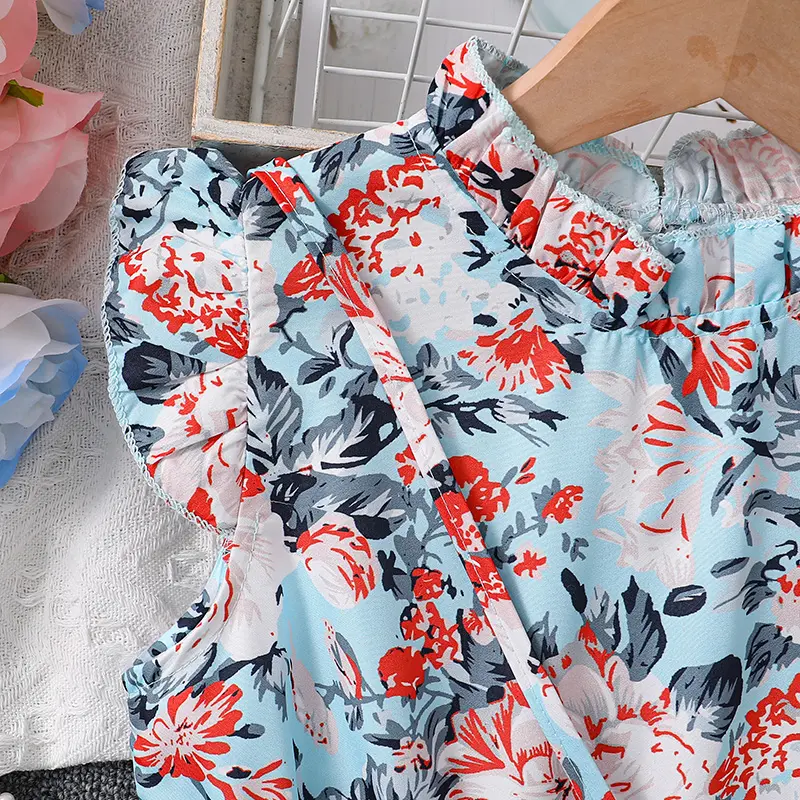 2024 New Blue Print Fly-Sleeve Pleated Dress Floral Girl Dress Holiday Comfortable Daily Casual Vacation Pastoral Style Dress