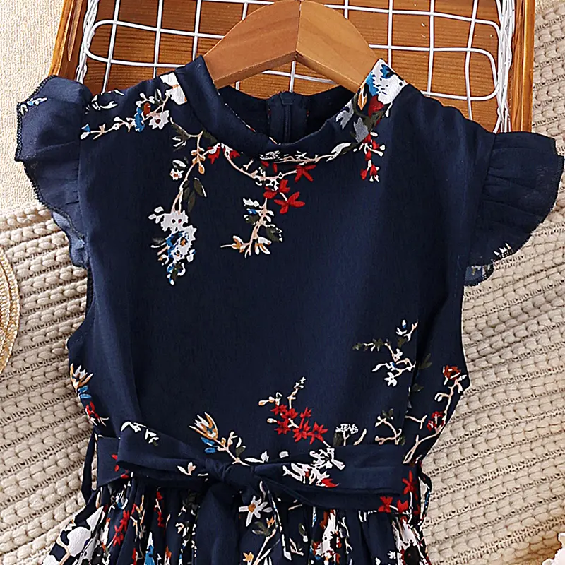 Girl 2023 Summer dress Lace cuffs vintage print dress sweet Pleated skirt children's clothing birthday party dress