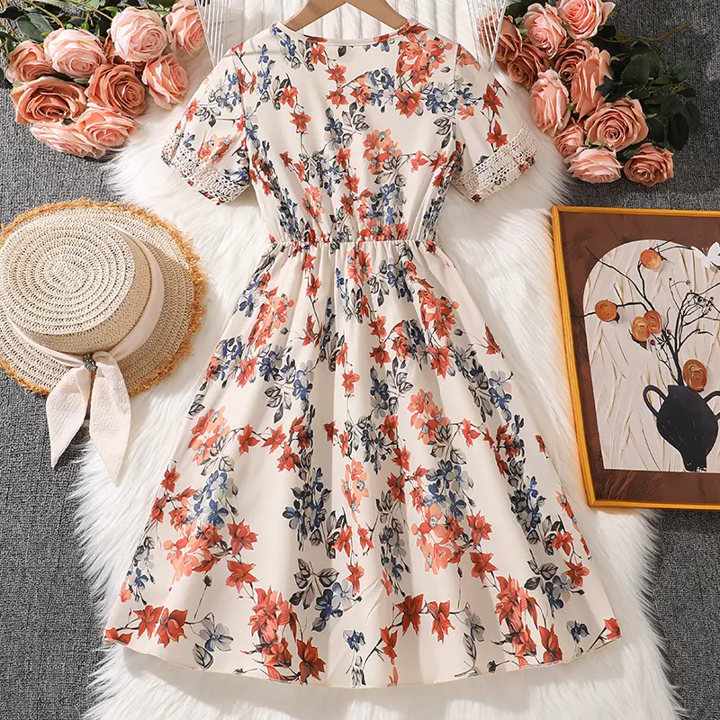 Kids Summer Hot Sale Vacation Style Dress For Girls V-Neck Short Sleeve Floral Printed Lace Edge Frenchy Daily Garden Dress