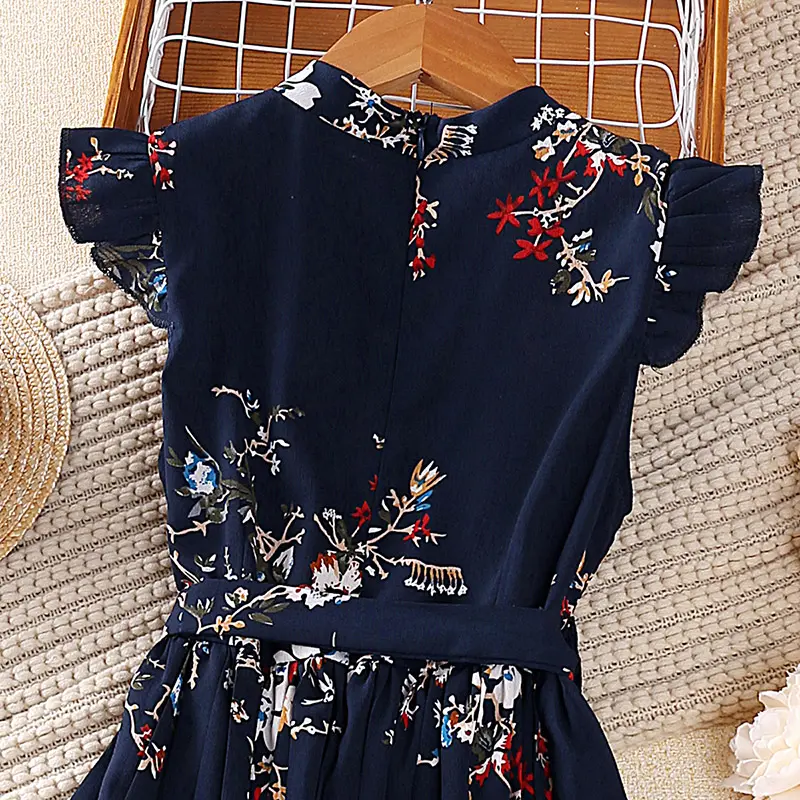Girl 2023 Summer dress Lace cuffs vintage print dress sweet Pleated skirt children's clothing birthday party dress