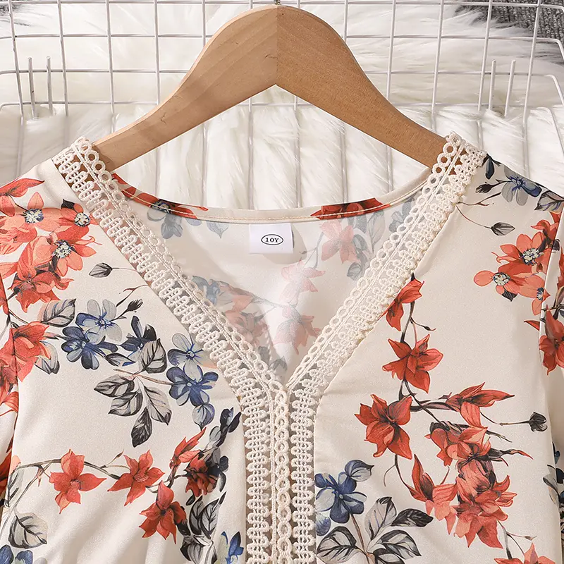 Kids Summer Hot Sale Vacation Style Dress For Girls V-Neck Short Sleeve Floral Printed Lace Edge Frenchy Daily Garden Dress