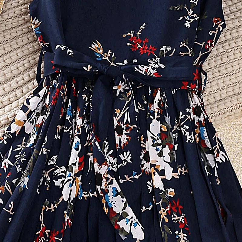 Girl 2023 Summer dress Lace cuffs vintage print dress sweet Pleated skirt children's clothing birthday party dress