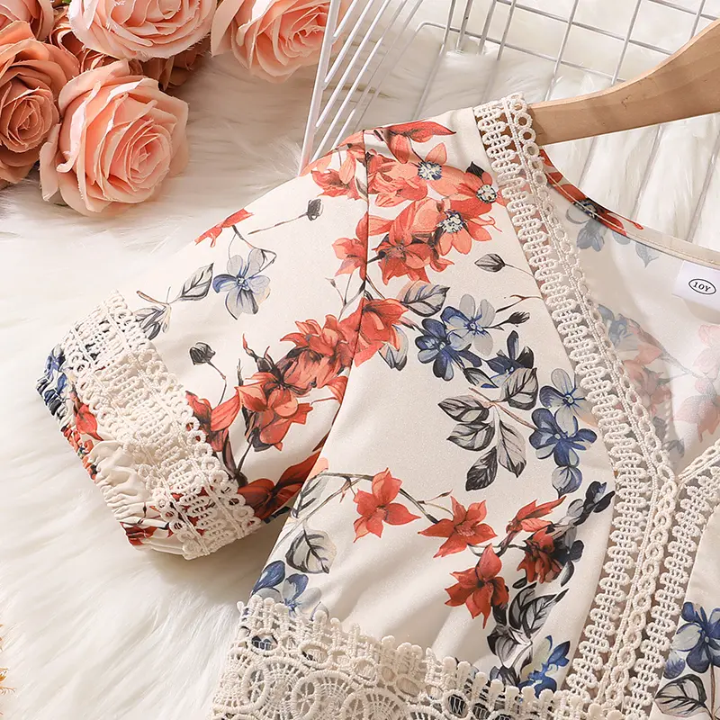 Kids Summer Hot Sale Vacation Style Dress For Girls V-Neck Short Sleeve Floral Printed Lace Edge Frenchy Daily Garden Dress