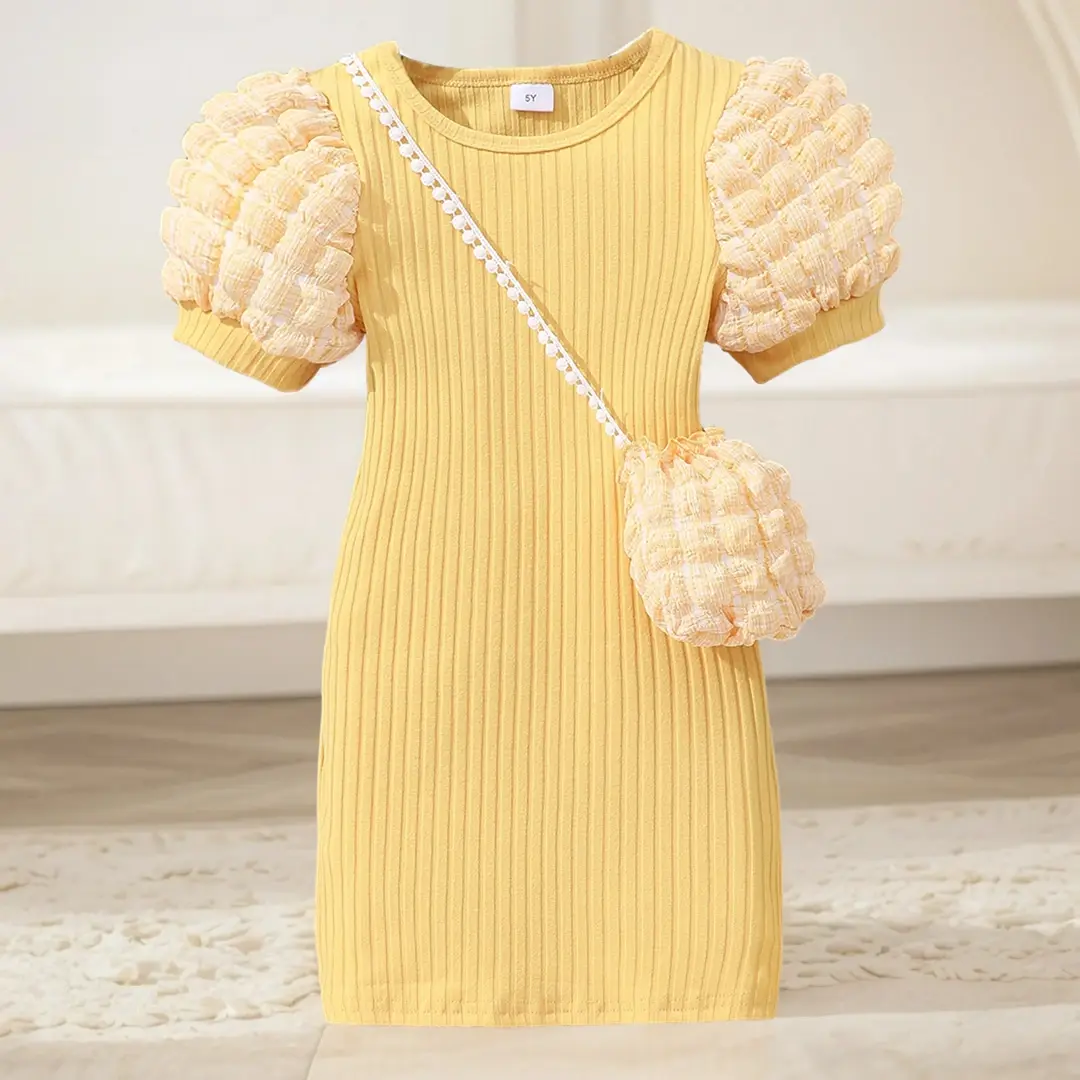【Free Bag】 2-8 Yrs Old Midi Dress Kids Girl Clothes Summer Fashion Short Sleeve Baby Girl Bodycon Dress Girls Wrap Tight Dress