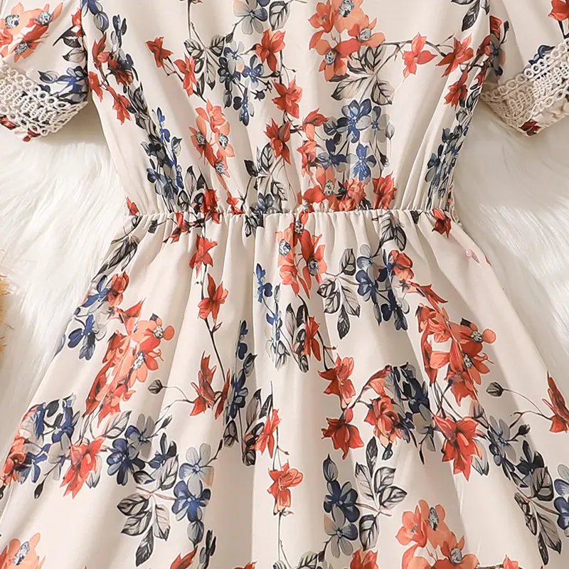 Kids Summer Hot Sale Vacation Style Dress For Girls V-Neck Short Sleeve Floral Printed Lace Edge Frenchy Daily Garden Dress