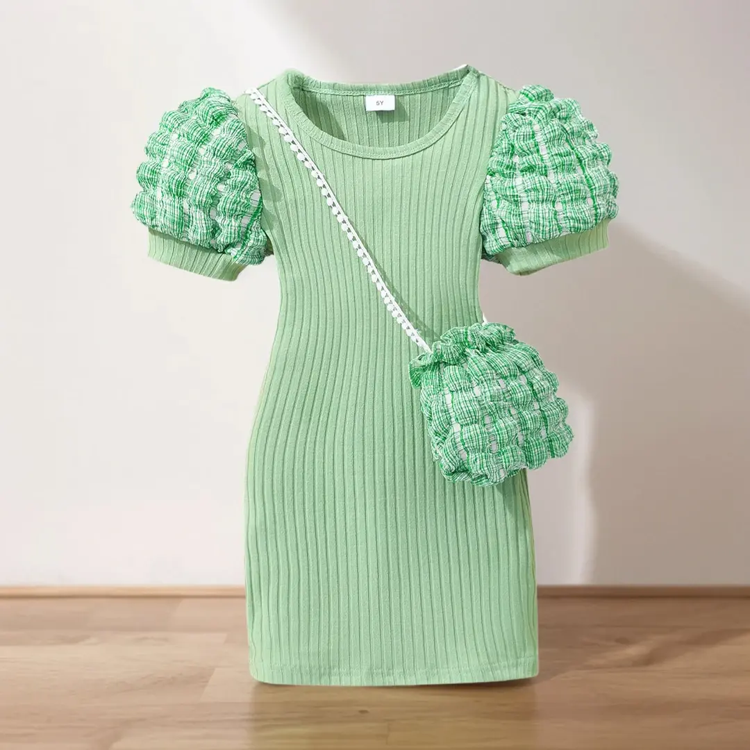 【Free Bag】 2-8 Yrs Old Midi Dress Kids Girl Clothes Summer Fashion Short Sleeve Baby Girl Bodycon Dress Girls Wrap Tight Dress