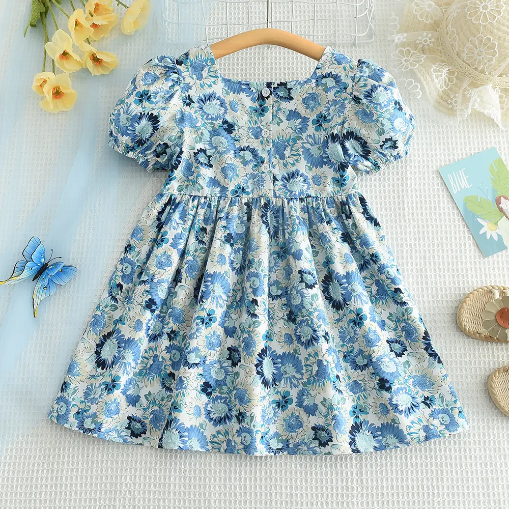Kid's Dress For 2-6 Years Girls Blue Floral Short Sleeve Princess Dress Summer Fashion Kids Casual Dresses