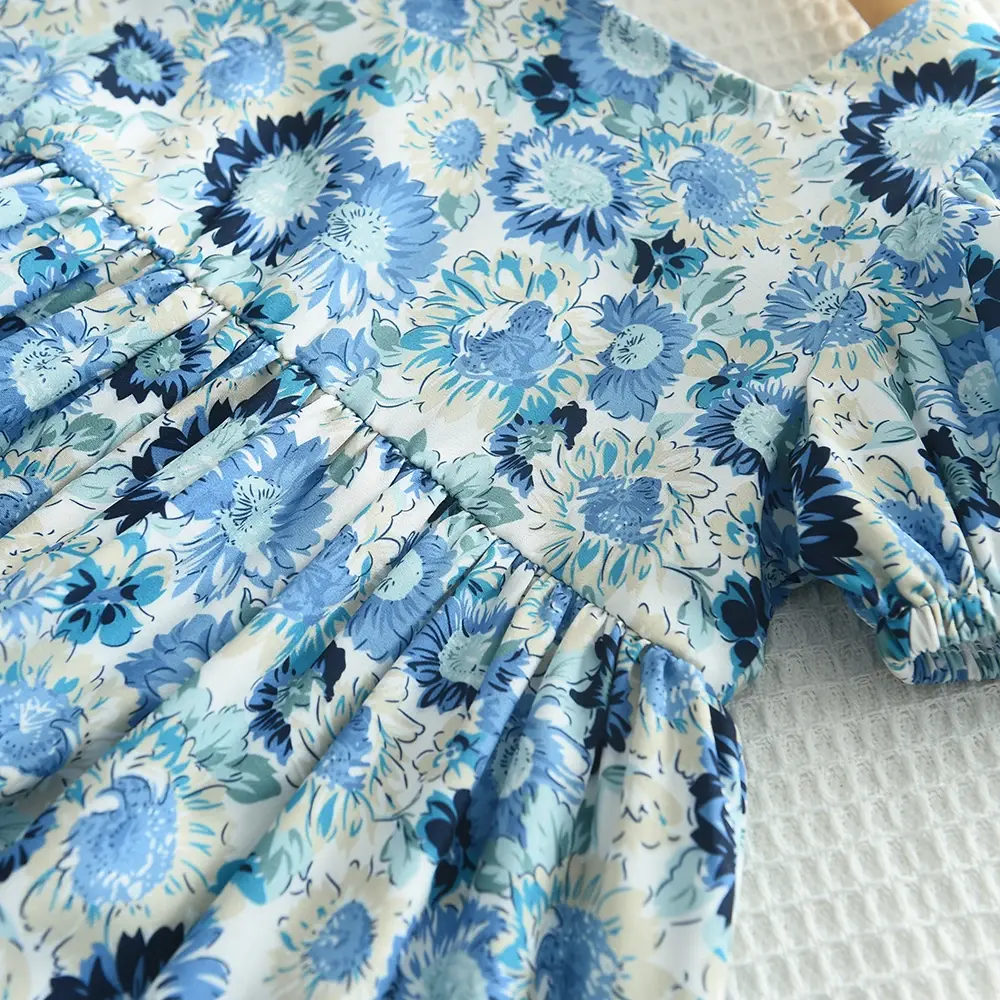 Kid's Dress For 2-6 Years Girls Blue Floral Short Sleeve Princess Dress Summer Fashion Kids Casual Dresses