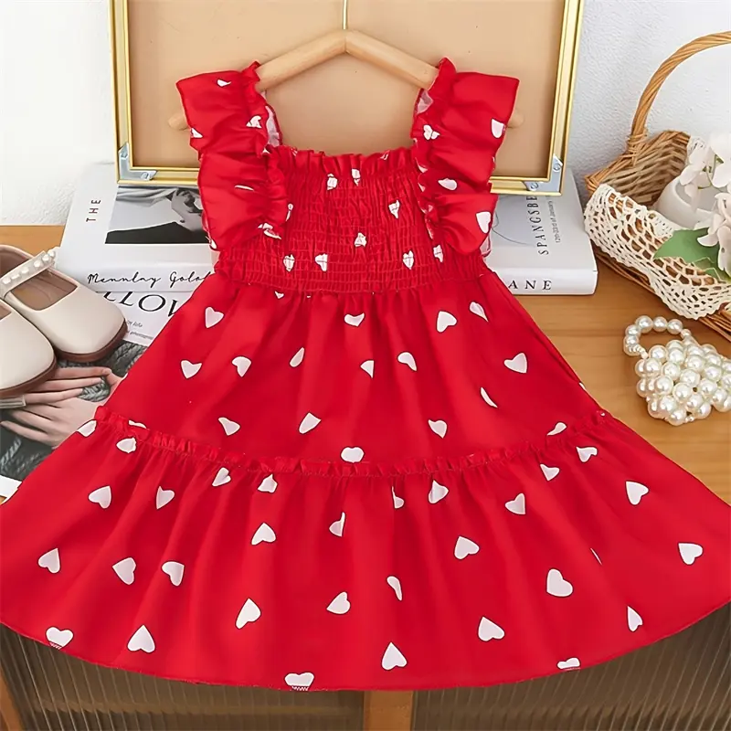 Fashionable Children Sleeveless Red Dress Newborn Toddler Heart Dots Soft Clothing Sweet Baby Girls Comfortable New Year Dresses