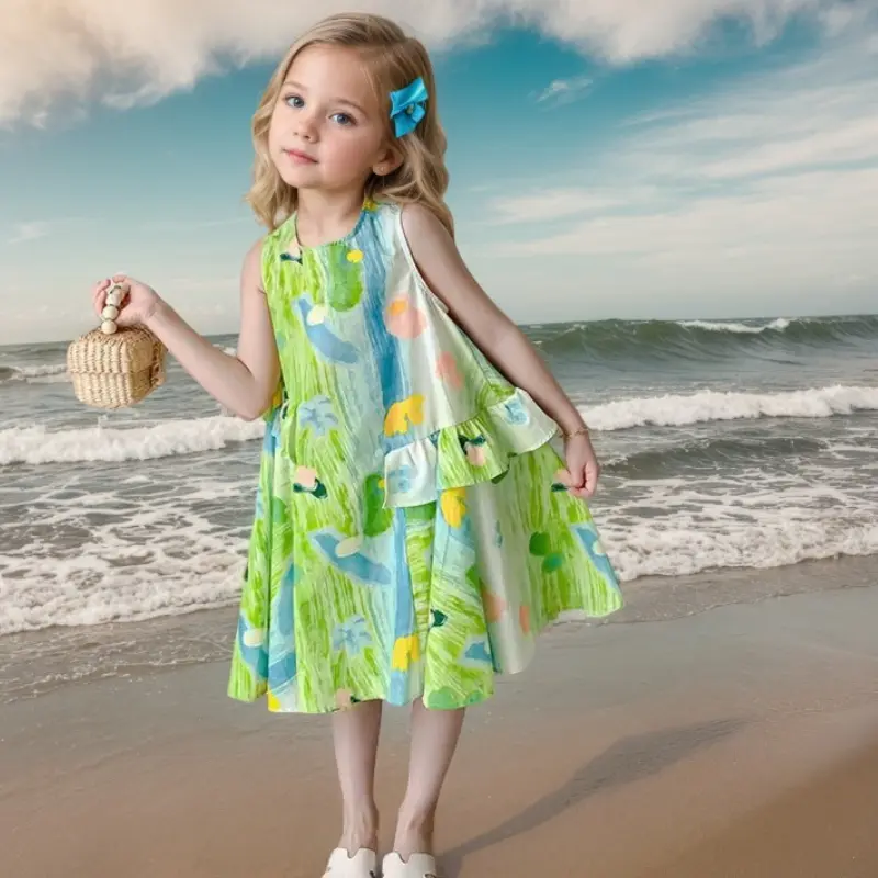 Summer Children's Beach Vacation Dresses Sundress Baby Girls Sleeveless Casual Dress Fashion Printed Kids Outdoor Clothes Gifts