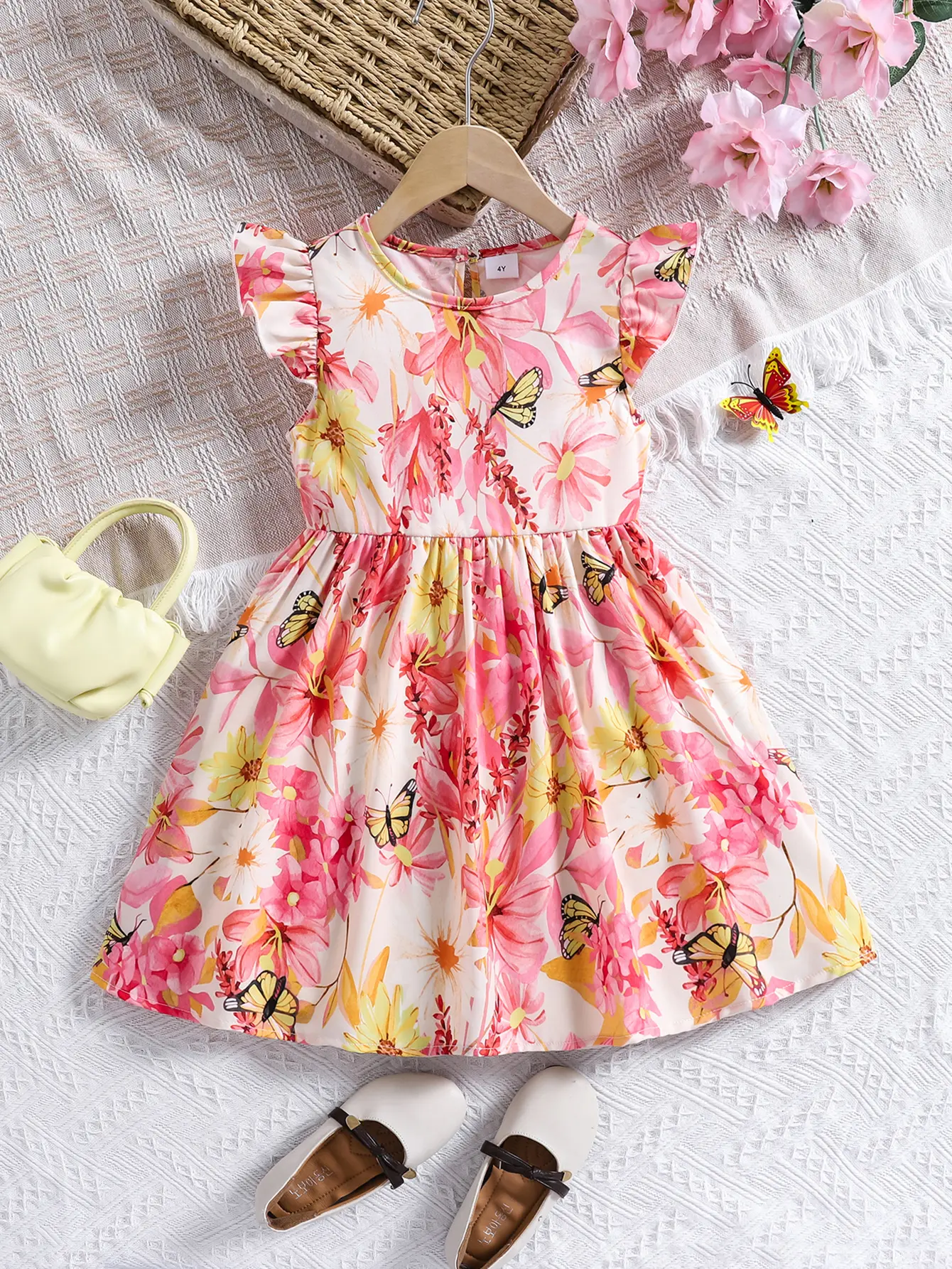 A soft and comfortable summer dress with printed lotus leaf sleeves and a fashionable round neck for girls